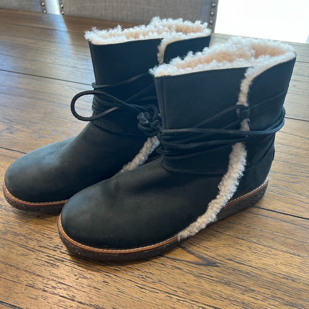 UGG Women’s Size 8 Luisa Water Resistant Black Leather Shearling Boots #1012545 - Picture 2 of 8